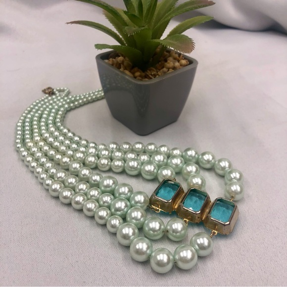 Vintage Faux Pearl Blue Glass 3 Strand Necklace - Picture 11 of 16